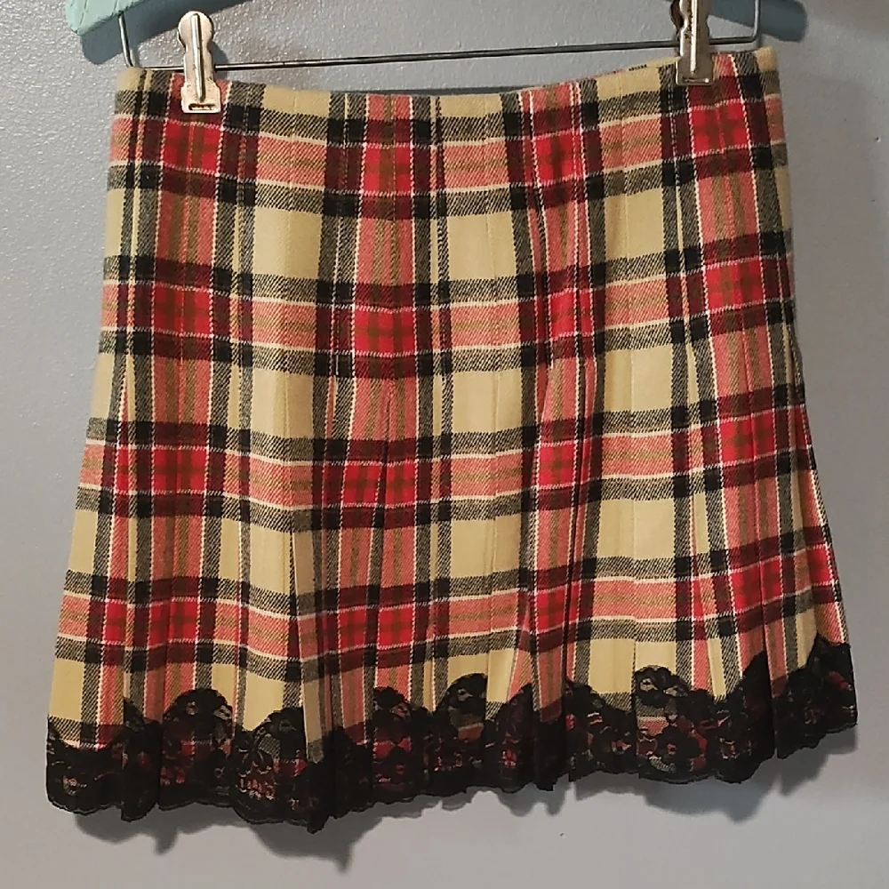 Moda International Red , Tan ,Black And White Pleated Plaid Mini Skirt